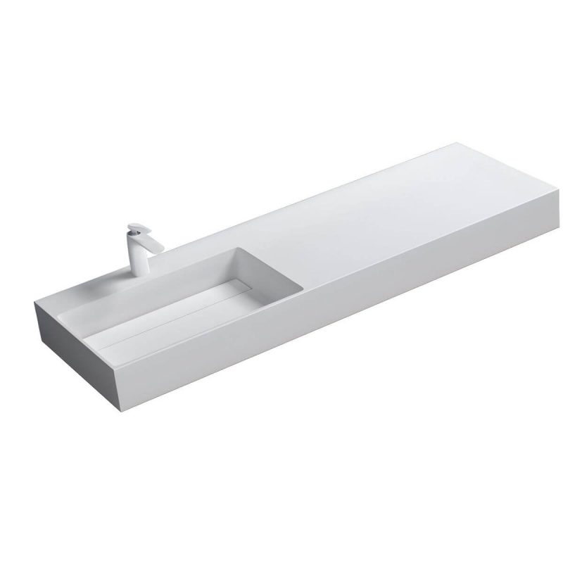 Contemporary Bathroom Sink Man Made Rock Rectangular Vessel Bathroom Sink without Faucet - 59"L x 19"W x 5"H Matte White Left Basin