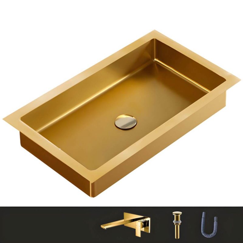 Metal Rectangular Bathroom Sink Modern Undermount Bathroom Sink - Sink with Faucet Gold Square Faucet