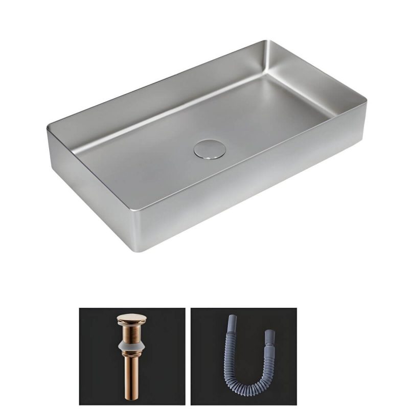 Modern Bathroom Sink Metal Rectangular Vessel Bathroom Sink with Pop-Up Drain - Stainless Steel Sink