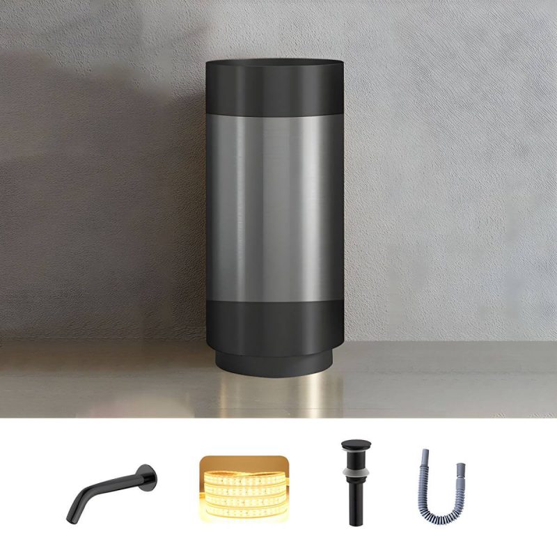 Modern Bathroom Sink with Pop-Up Drain Round Metal Pedestal Bathroom Sink - Black/Gray Sink with Faucet Sensor Faucet