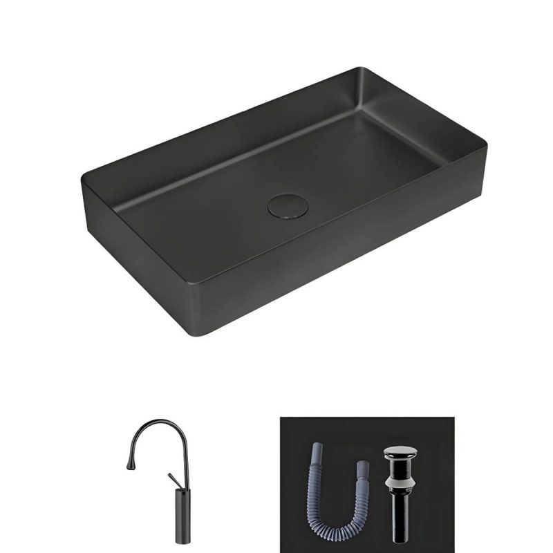 Modern Bathroom Sink Metal Rectangular Vessel Bathroom Sink with Pop-Up Drain - Sink with Faucet Black