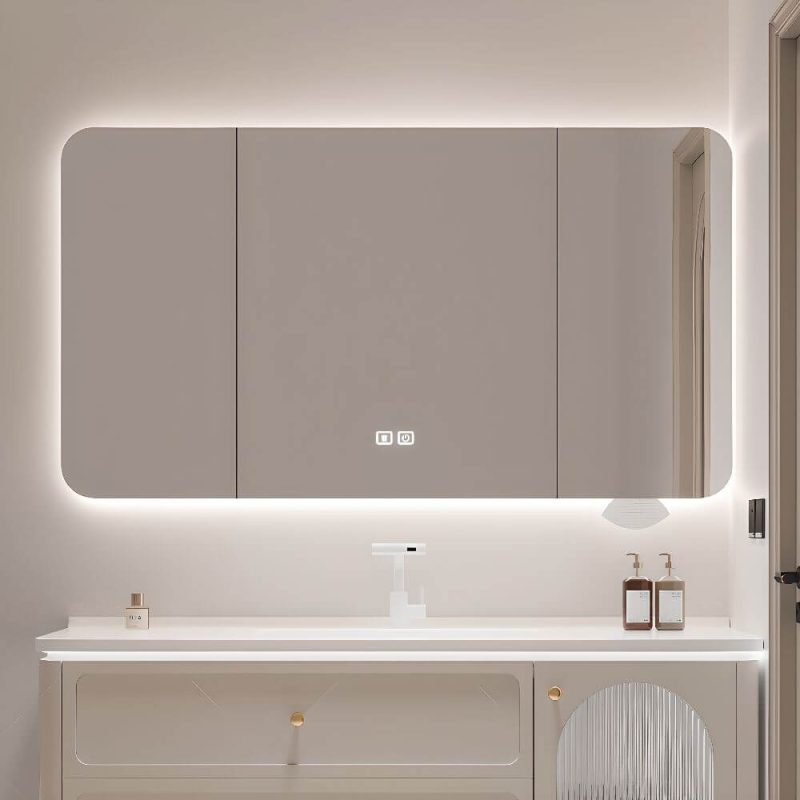 Beige 4 Shelves Medicine Cabinet with 3 Doors, Lighting System, Hydrophobic Rectangle & Plug-in, 75"L x 6"W x 28"H