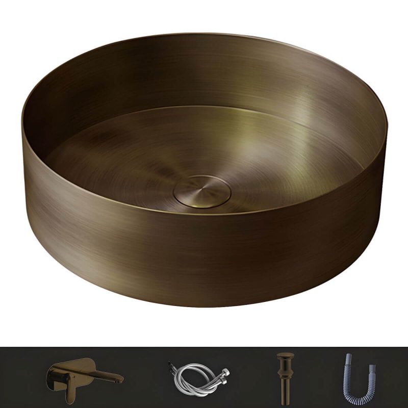 Modern Vessel Bathroom Sink Metal Round with Pop-Up Drain Wash Stand - Sink with Faucet Bronze Round Faucet