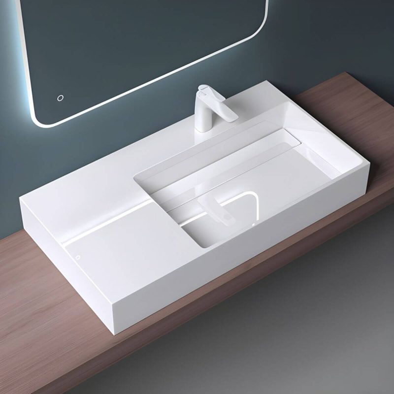 Contemporary Bathroom Sink Man Made Rock Rectangular Vessel Bathroom Sink without Faucet - 30"L x 17"W x 6"H Bright White Right Basin