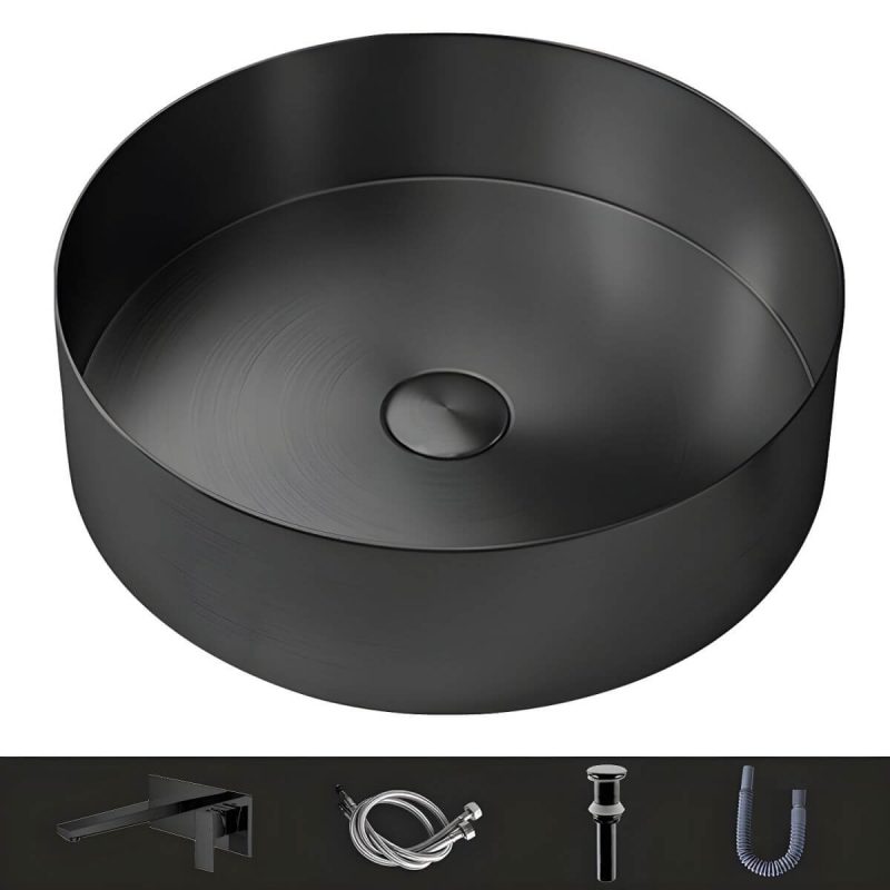 Modern Vessel Bathroom Sink Metal Round with Pop-Up Drain Wash Stand - Sink with Faucet Black Square Faucet