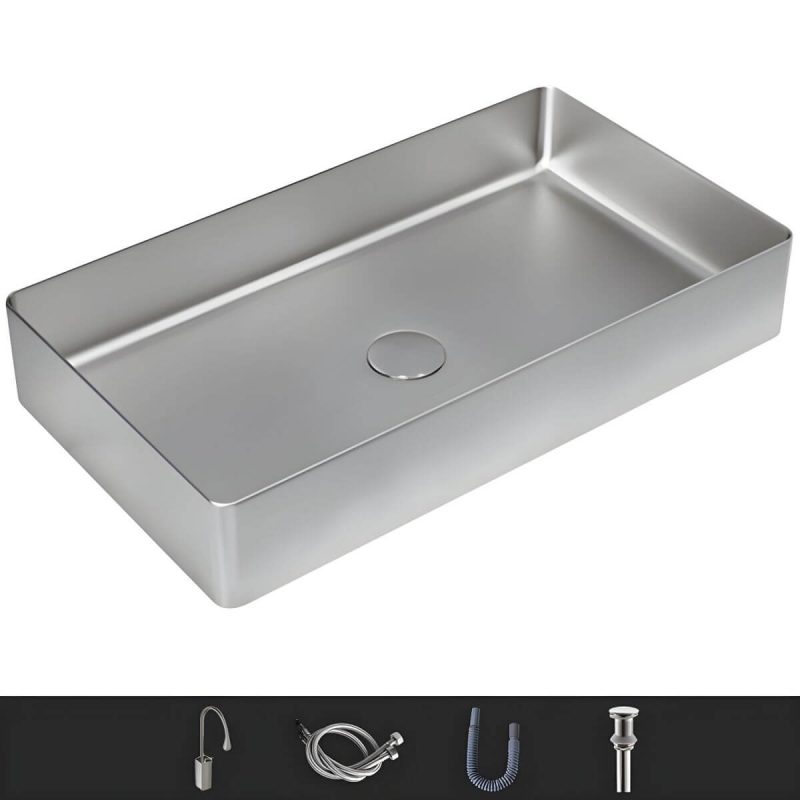 Modern Wash Stand Metal Rectangular with Drain Assembly and Faucet Vessel Bathroom Sink - Sink with Faucet Grey Gooseneck/High Arc