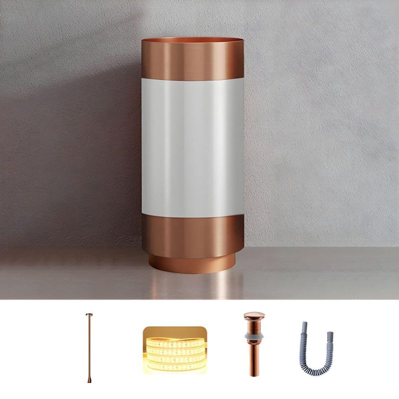 Modern Bathroom Sink with Pop-Up Drain Round Metal Pedestal Bathroom Sink - White-Rose Gold Sink with Faucet Ceiling Sensing Faucet