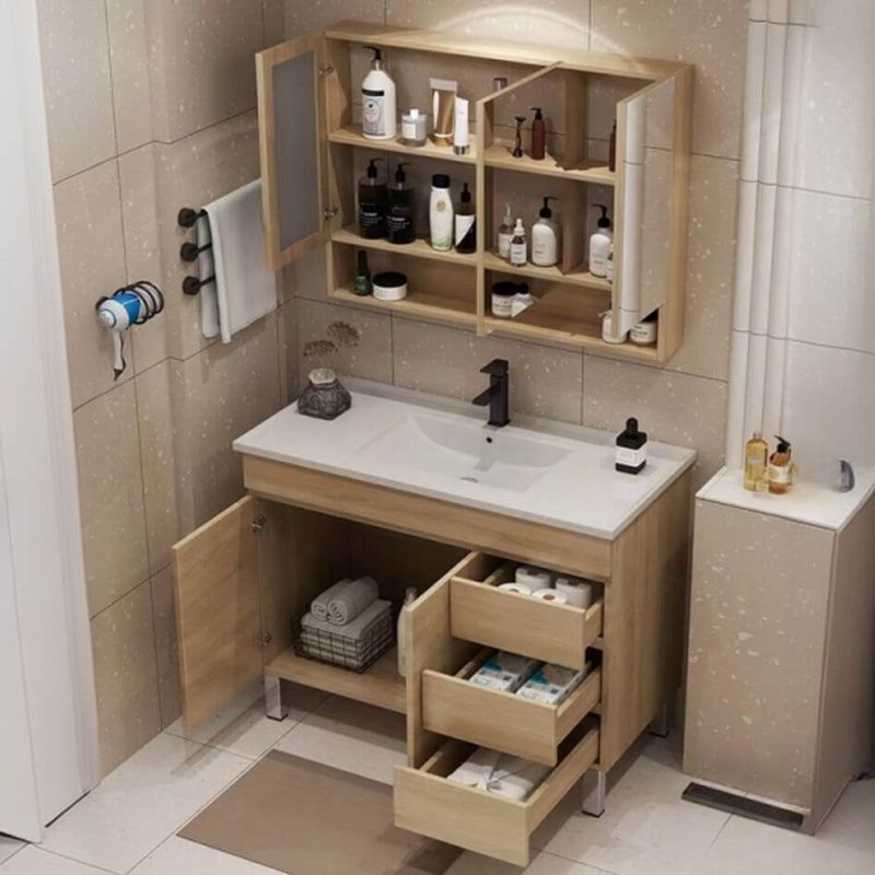 Chalk Top Bathroom Vanity with 3 Drawers, 5 Doors, Free-standing Standard Installation, Midnight Black Faucet, Shelf, and Drain Assembly, 43"L x 20"W x 33"H, Vanity & Faucet & Mirror Cabinet