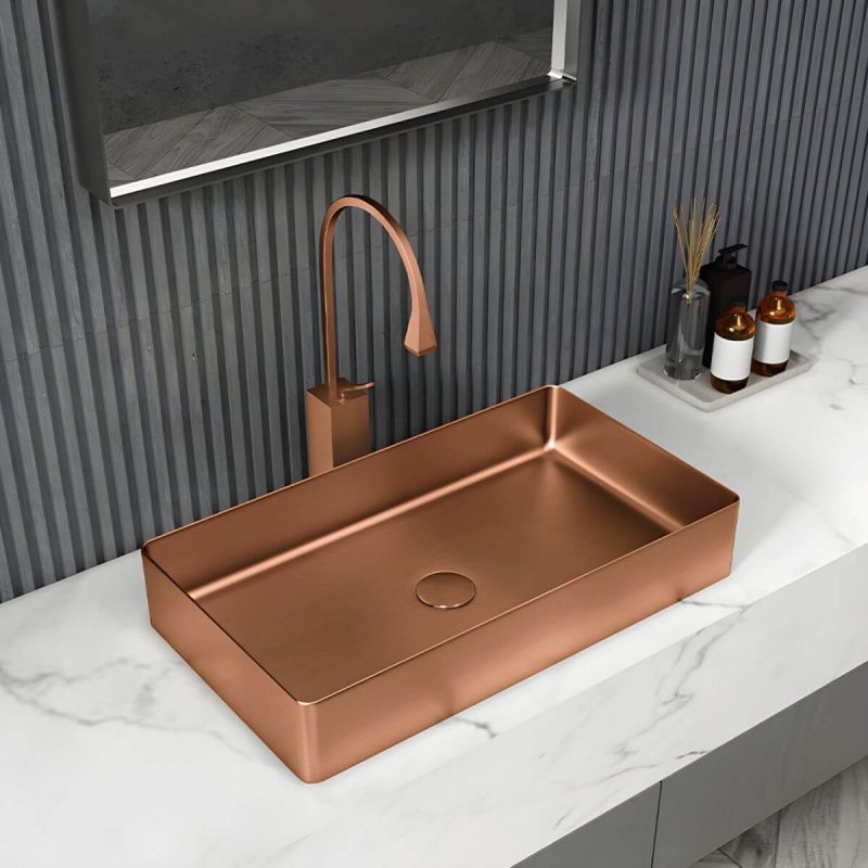 Modern Wash Stand Metal Rectangular with Drain Assembly and Faucet Vessel Bathroom Sink - Sink with Faucet Gold Square Faucet