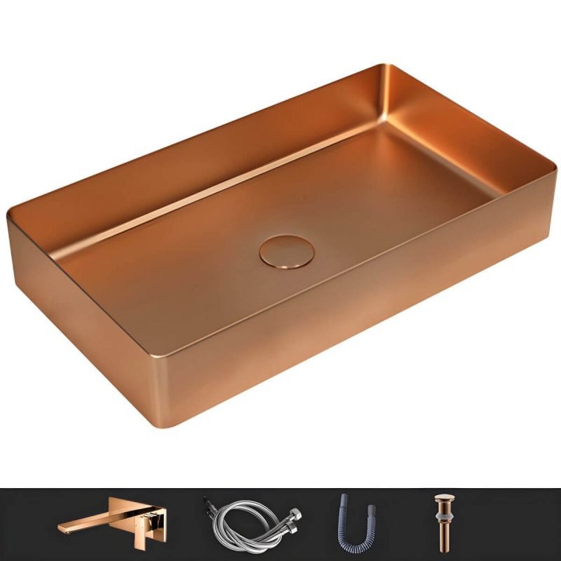Modern Wash Stand Metal Rectangular with Drain Assembly and Faucet Vessel Bathroom Sink - Sink with Faucet Rose Gold Square Faucet