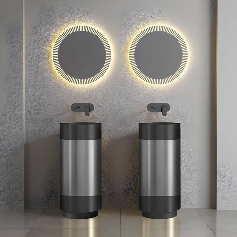 Modern Bathroom Sink with Pop-Up Drain Round Metal Pedestal Bathroom Sink - White-Rose Gold Sink with Faucet Floor-standing
