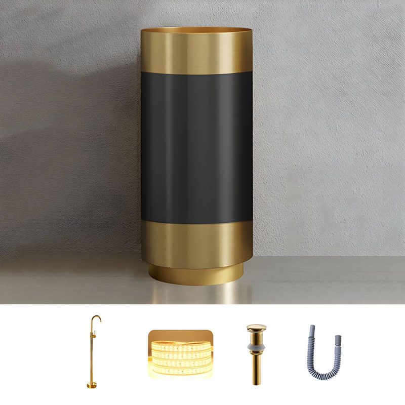 Modern Bathroom Sink with Pop-Up Drain Round Metal Pedestal Bathroom Sink - Black/ Gold Sink with Faucet Floor-standing