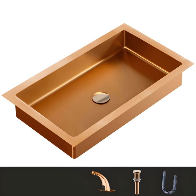 Metal Rectangular Bathroom Sink Modern Undermount Bathroom Sink - Sink with Faucet Rose Gold Induction Faucet