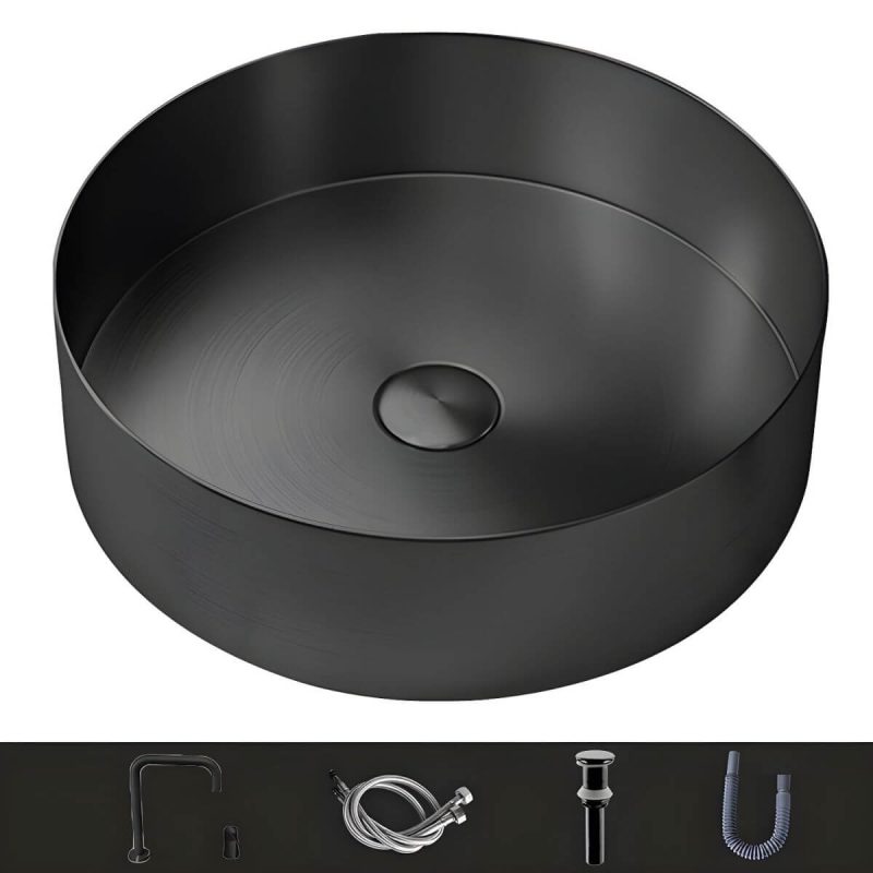 Modern Vessel Bathroom Sink Metal Round with Pop-Up Drain Wash Stand - Sink Black None