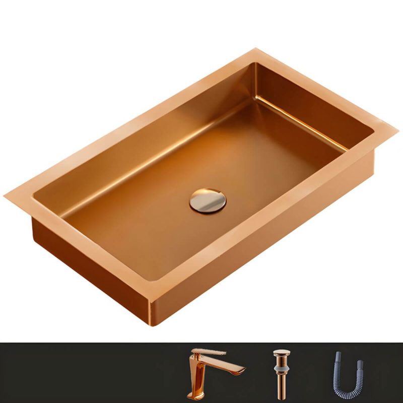 Metal Rectangular Bathroom Sink Modern Undermount Bathroom Sink - Sink with Faucet Rose Gold 7-Shaped Faucet