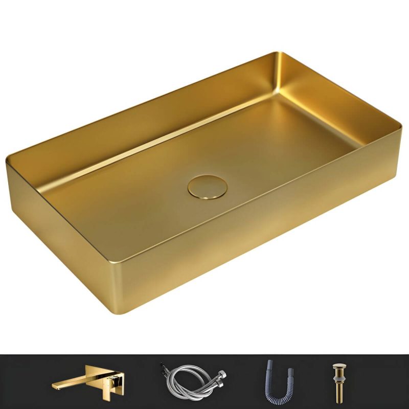 Modern Wash Stand Metal Rectangular with Drain Assembly and Faucet Vessel Bathroom Sink - Sink with Faucet Gold Square Faucet