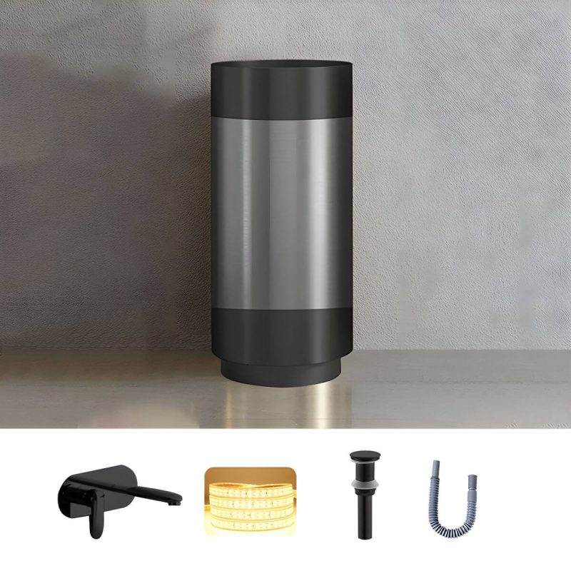 Modern Bathroom Sink with Pop-Up Drain Round Metal Pedestal Bathroom Sink - Black/Gray Sink with Faucet Dual Hole Wall-Mounted Faucet