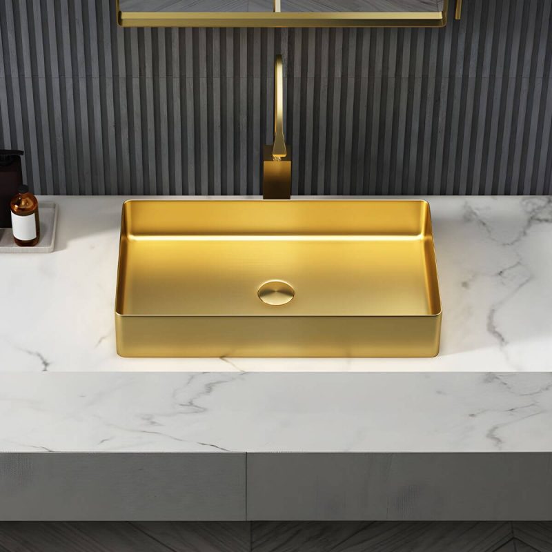 Modern Bathroom Sink Metal Rectangular Vessel Bathroom Sink with Pop-Up Drain - Gold Sink
