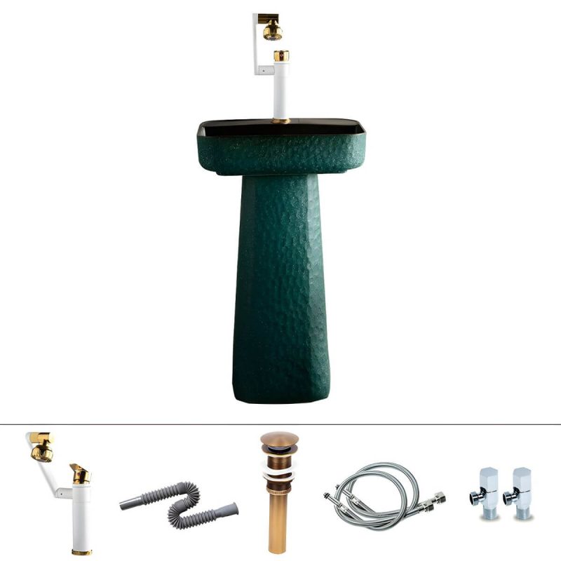 Green Rectangular Pedestal Bathroom Sink with Hand Hammered Craftsmanship and Stain-Resistant Finish - Sink with Faucet Swivel Faucet White