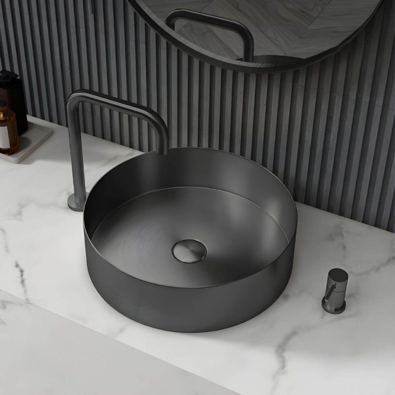 Modern Vessel Bathroom Sink Metal Round with Pop-Up Drain Wash Stand - Sink with Faucet Black Low Profile
