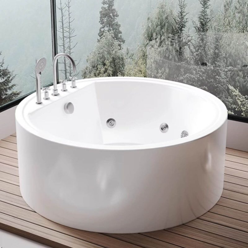 Circular Freestanding Bathtub Roll Top Casual White Plexiglass Soaking, Tub, 61"L x 61"W x 24"H