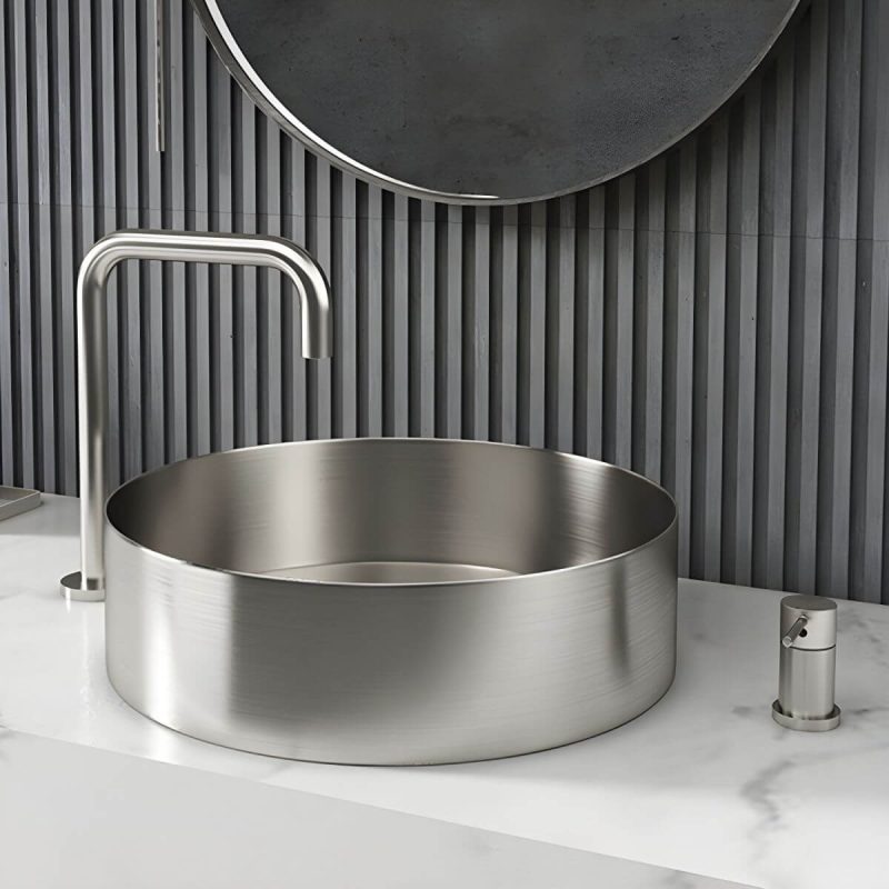 Modern Vessel Bathroom Sink Metal Round with Pop-Up Drain Wash Stand - Sink with Faucet Gold Square Faucet