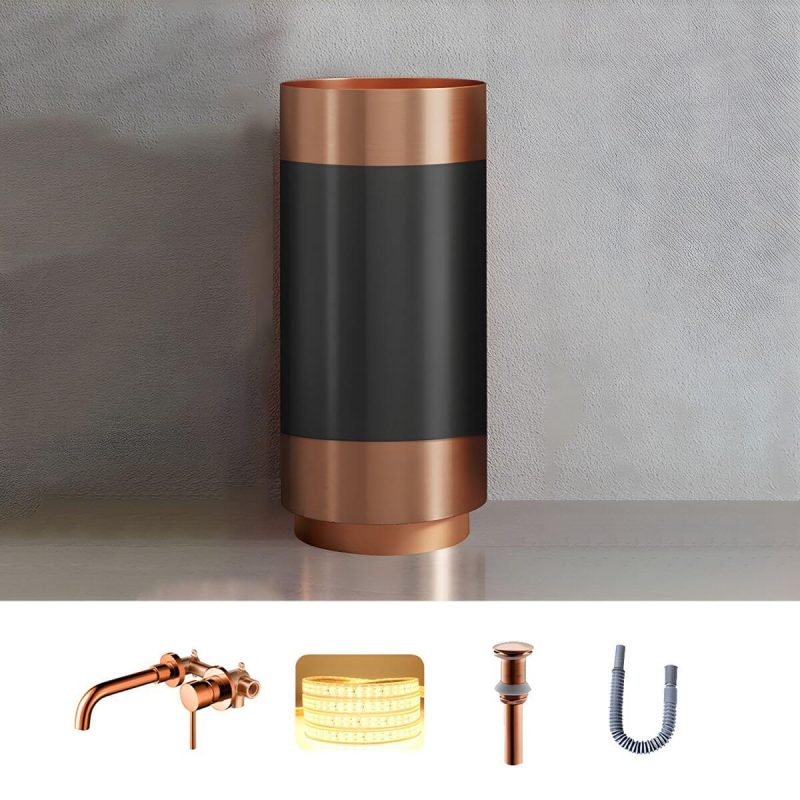 Modern Bathroom Sink with Pop-Up Drain Round Metal Pedestal Bathroom Sink - Black-Rose Gold Sink with Faucet Wall Mounted Faucet