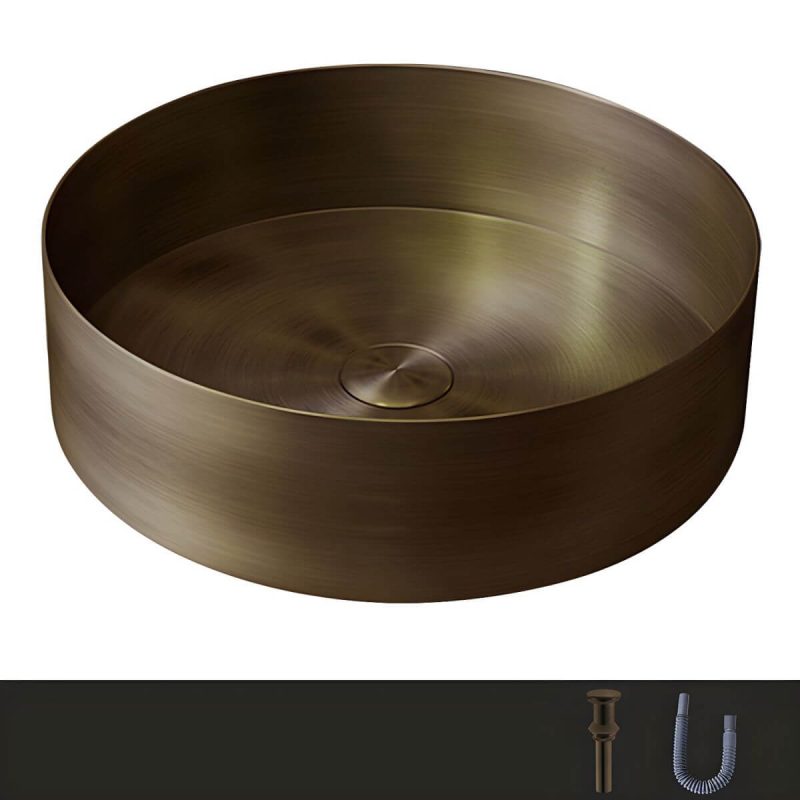 Modern Vessel Bathroom Sink Metal Round with Pop-Up Drain Wash Stand - Sink Bronze None