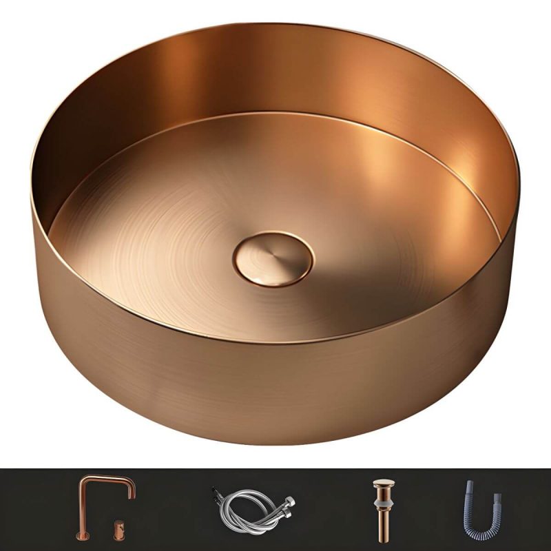 Modern Vessel Bathroom Sink Metal Round with Pop-Up Drain Wash Stand - Sink with Faucet Silver Low Profile
