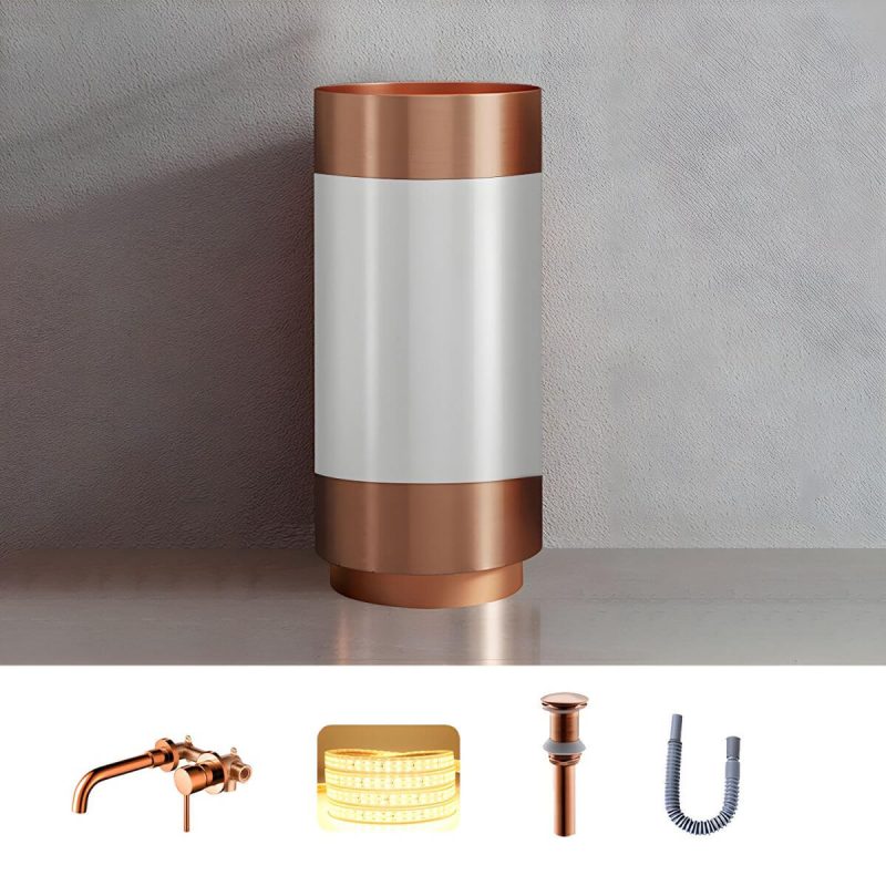 Modern Bathroom Sink with Pop-Up Drain Round Metal Pedestal Bathroom Sink - White-Rose Gold Sink with Faucet Wall Mounted Faucet