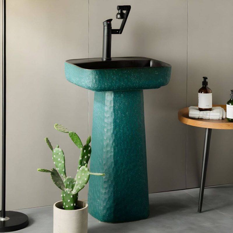 Green Rectangular Pedestal Bathroom Sink with Hand Hammered Craftsmanship and Stain-Resistant Finish - Sink with Faucet Swivel Faucet Black