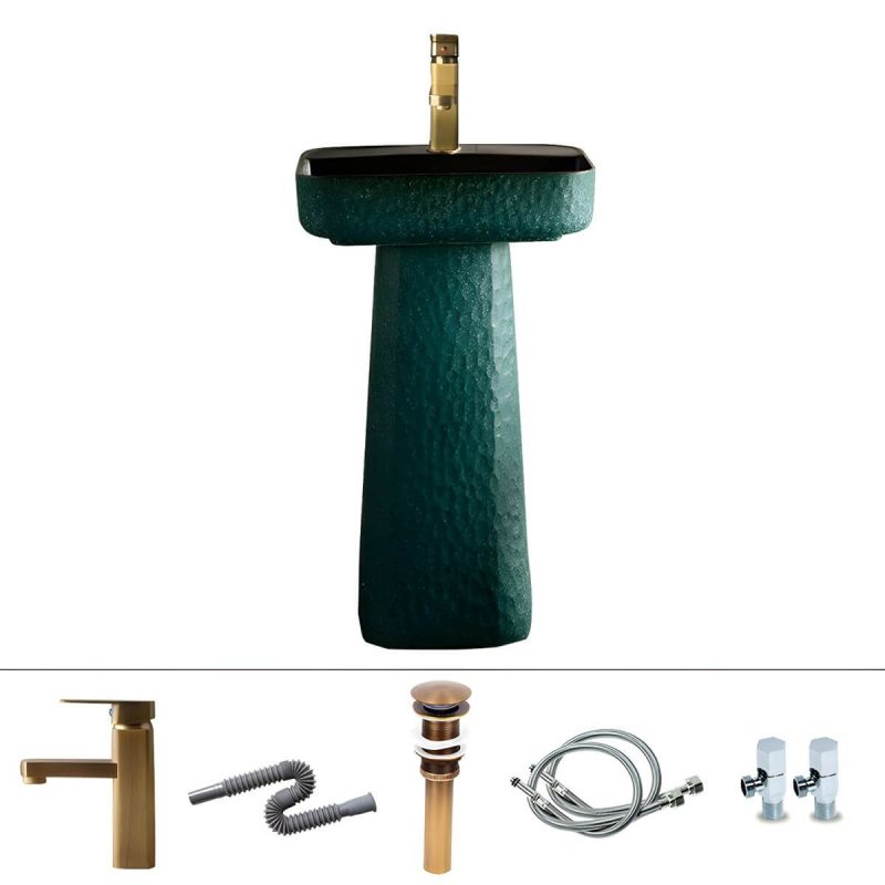 Green Rectangular Pedestal Bathroom Sink with Hand Hammered Craftsmanship and Stain-Resistant Finish - Sink with Faucet Square Faucet Brass