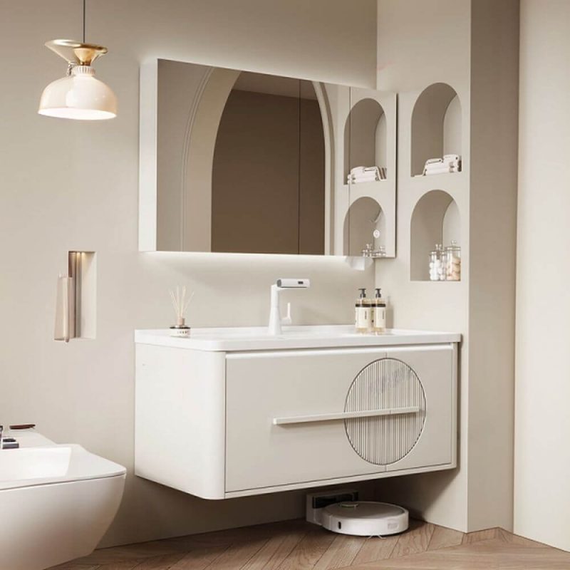 Ivory Bathroom Vanity with 1 Drawer, Cabinet Hardware, 4 Doors, Chalk Faucet, Backsplash, and Overflow Hole, Vanity & Faucet & Fully Sealed Smart Mirror Cabinet, 44"L x 20"W x 21"H