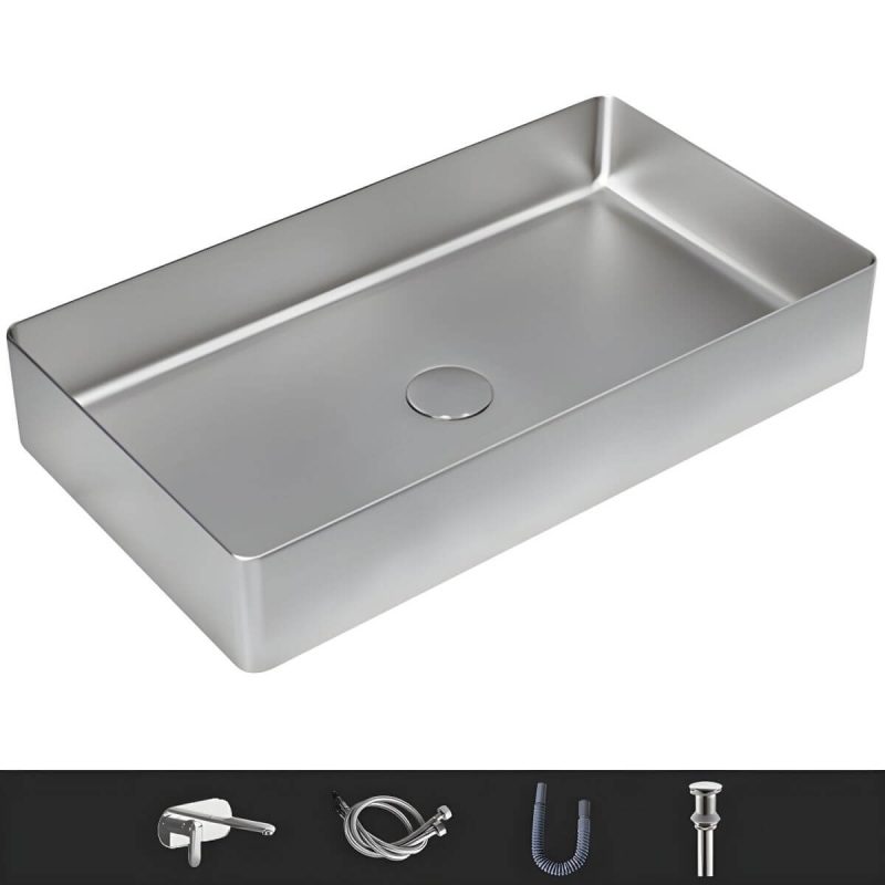 Modern Wash Stand Metal Rectangular with Drain Assembly and Faucet Vessel Bathroom Sink - Sink with Faucet Grey Round Faucet