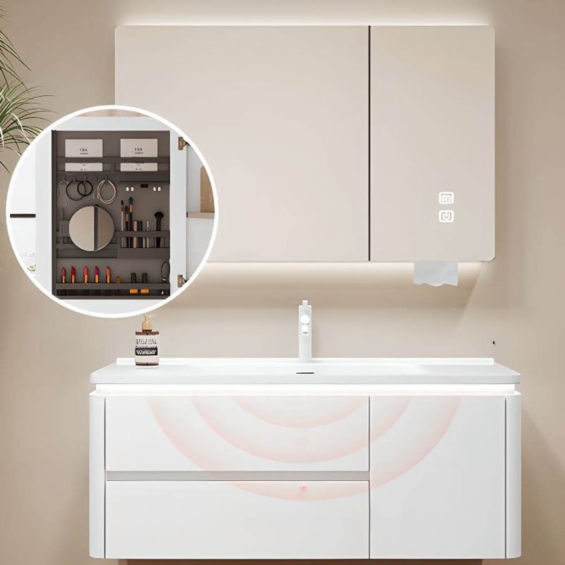 White Base Bathroom Vanity with White Faucet, 3 Doors, Backsplash, Rectangular Sink, Shelf, and Modern Simple Style, Vanity & Faucet & Smart Medicine Cabinet, 36"L x 20"W x 19"H