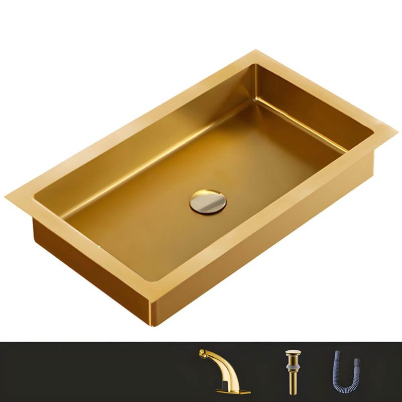 Metal Rectangular Bathroom Sink Modern Undermount Bathroom Sink - Sink with Faucet Gold Induction Faucet