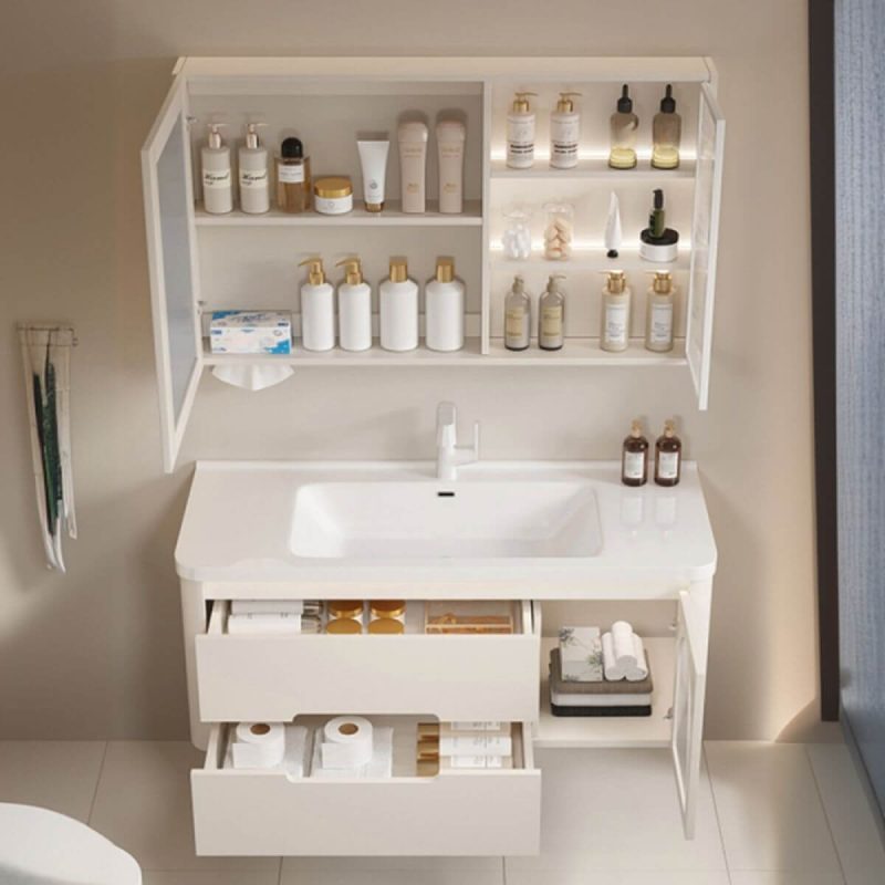 Spill Proof Bathroom Vanity with White Base, 3 Doors, Backsplash, Rectangular Sink, Shelf & Simplistic Style, 32"L x 20"W x 20"H, Bathroom Vanity & Faucet & Smart Mirror Cabinet with Glass Door