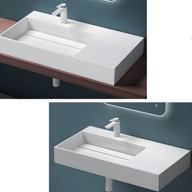 Contemporary Bathroom Sink Man Made Rock Rectangular Vessel Bathroom Sink without Faucet - 59"L x 19"W x 5"H Bright White Left Basin