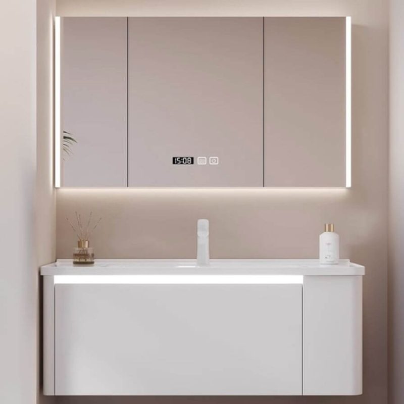 Bathroom Vanity with 1 Drawer, 1 Mirror, White Faucet, Beige Base, 3 Doors, Rectangular Sink, and Shelf, Vanity & Faucet & Smart Medicine Cabinet, 40"L x 20"W x 20"H