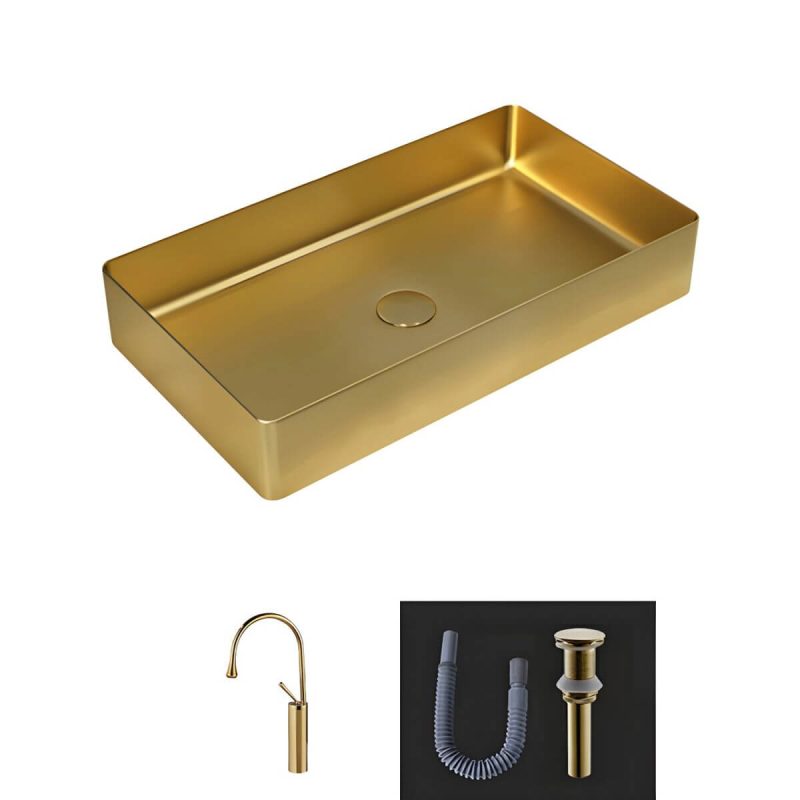 Modern Bathroom Sink Metal Rectangular Vessel Bathroom Sink with Pop-Up Drain - Sink with Faucet Gold