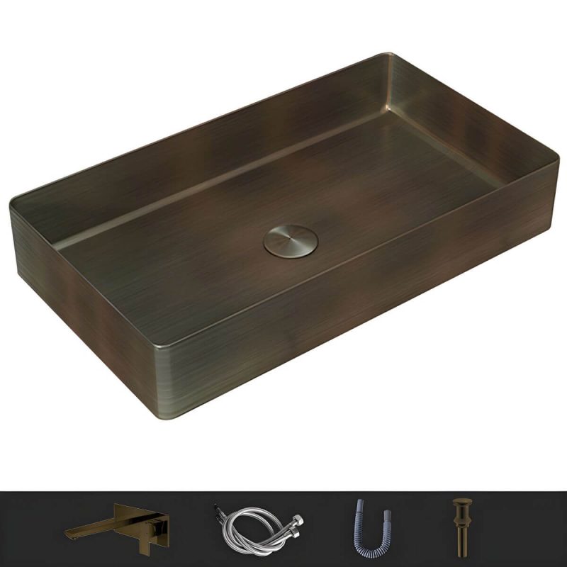 Modern Wash Stand Metal Rectangular with Drain Assembly and Faucet Vessel Bathroom Sink - Sink with Faucet Bronze Square Faucet