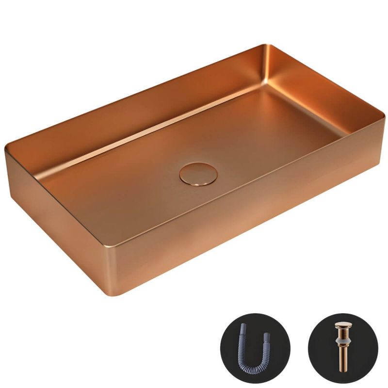Modern Wash Stand Metal Rectangular with Drain Assembly and Faucet Vessel Bathroom Sink - Sink Rose Gold None