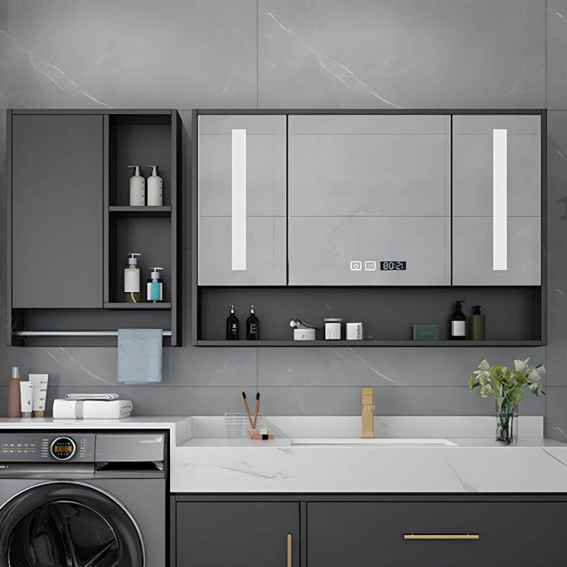 Medicine Cabinet with Hinged Door, Mirror Defogger, 5 Shelves, Dark Gray Finish, Lighting System, Hydrophobic, and Rectangle Shape, 43"L x 5"W x 30"H