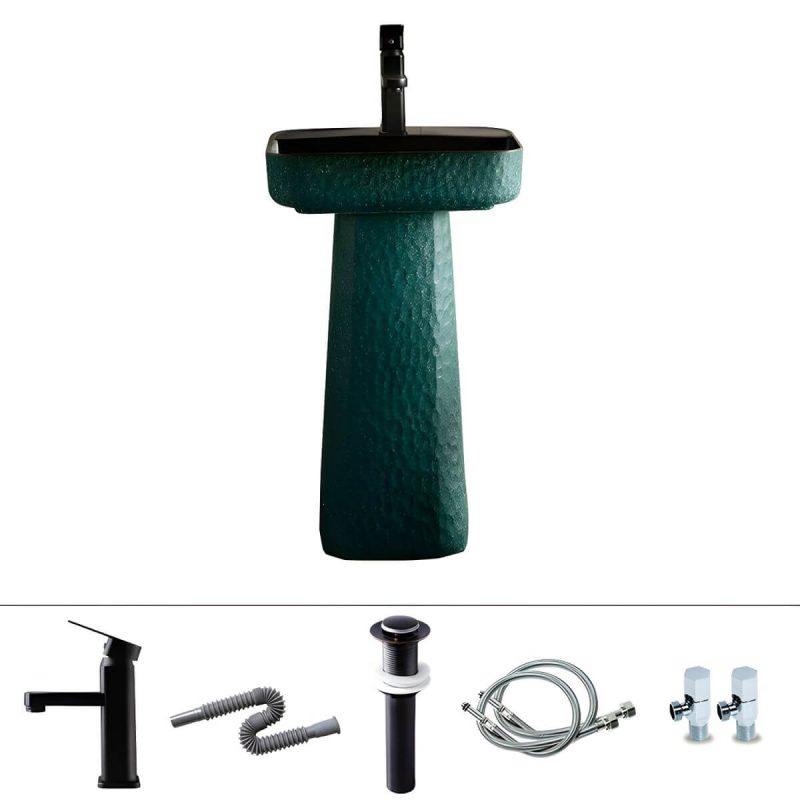 Green Rectangular Pedestal Bathroom Sink with Hand Hammered Craftsmanship and Stain-Resistant Finish - Sink with Faucet Square Faucet Black
