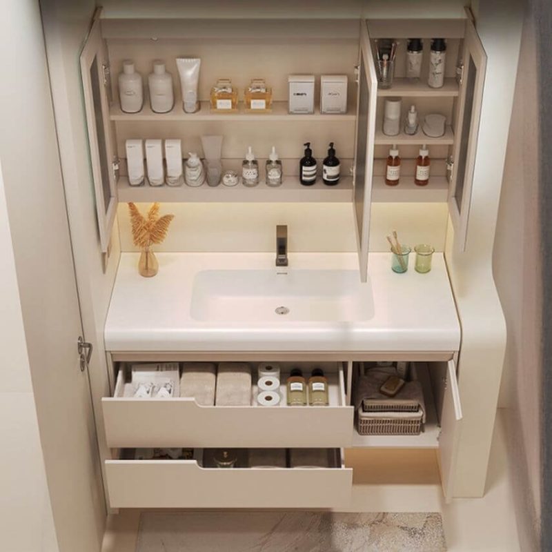 Spill Proof White Stone Rectangular Bathroom Vanity with 1 Door, Midnight Black Faucet and Shelf, Vanity & Faucet & Smart Medicine Cabinet, 39"L x 20"W x 21"H