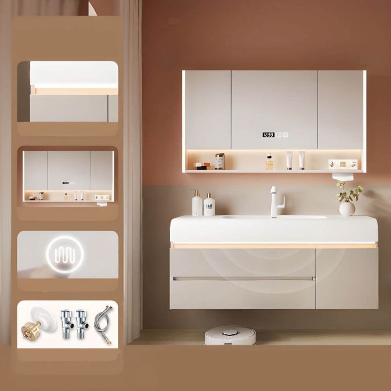 Chalk Bathroom Vanity with Sintered Stone Sink, 4 Doors, Overflow Hole, Simple Style, Drain Assembly, and Shelf, 36"L x 20"W x 22"H, Vanity & Faucet & Smart Half Mirror Cabinet