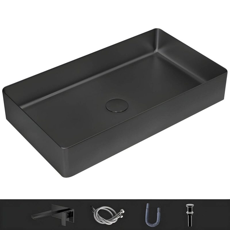 Modern Wash Stand Metal Rectangular with Drain Assembly and Faucet Vessel Bathroom Sink - Sink with Faucet Black Square Faucet