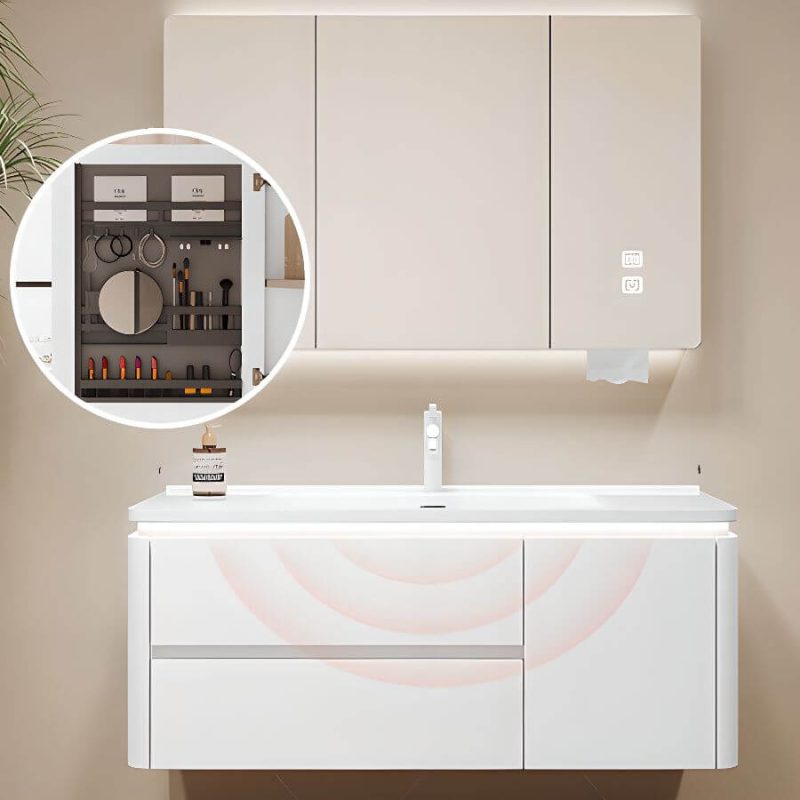 Bathroom Vanity with 4 Doors, White Base, White Faucet, Backsplash, Rectangular Sink, Shelf, and Modern Simple Style, Vanity & Faucet & Smart Medicine Cabinet, 44"L x 20"W x 19"H