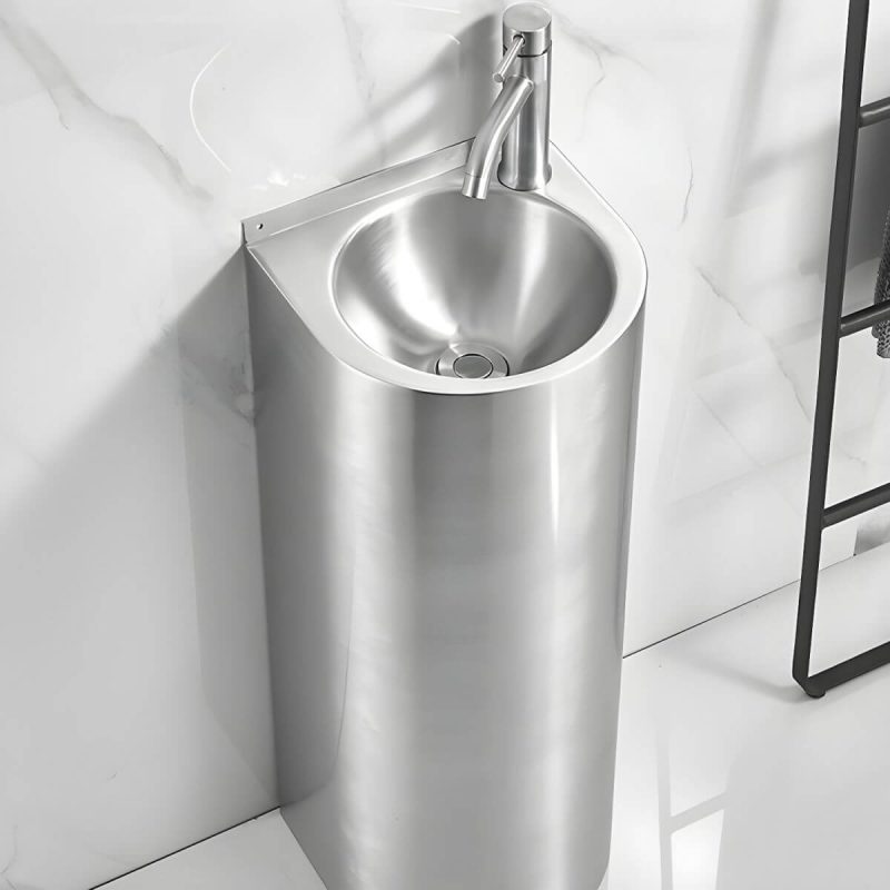 Contemporary Stainless Steel U-Shaped Pedestal Sink with Pop-Up Drain - Cold Water Dispensers Sink with Faucet 7-Shaped