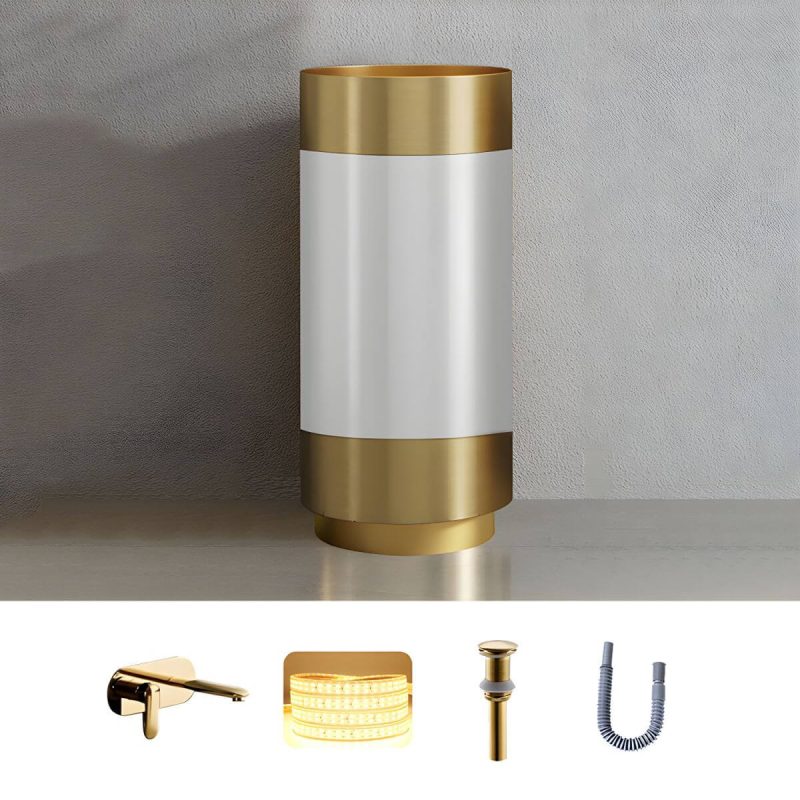 Modern Bathroom Sink with Pop-Up Drain Round Metal Pedestal Bathroom Sink - Gold-White Sink with Faucet Dual Hole Wall-Mounted Faucet